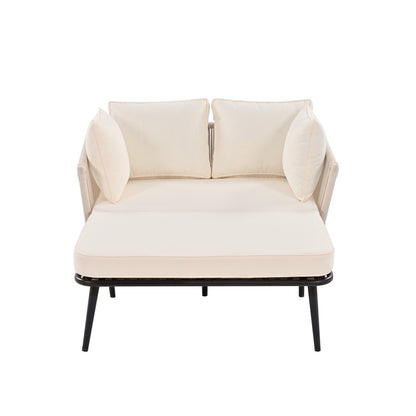 Gartensofa mit 2 Kissen und 2 Polster, Sonnenliege im Außenbereich, Gartenlounge, Kissen sind abnehmbar und waschbar, Beige