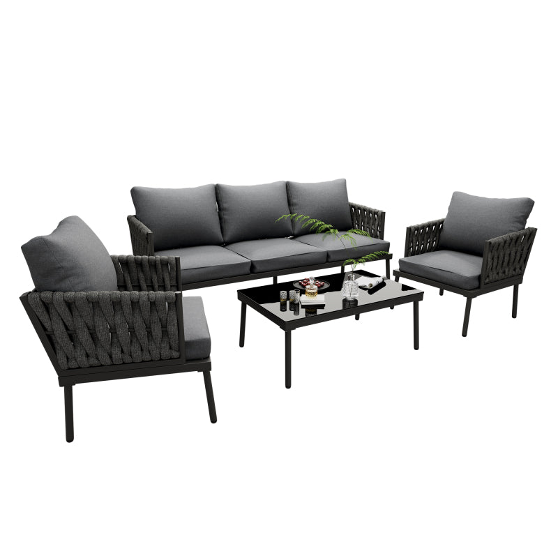 Garten Loungesessel Set, Gartenmöbel Set mit bequemen Kissen, 3er Sofa, 2 Sessel und Couchtisch, Outdoor, Glastischplatte, geflochtene Seilarmlehnen, verzinkter Stahl, grau