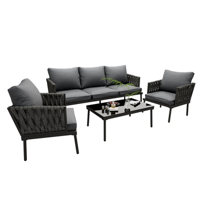 Garten Loungesessel Set, Gartenmöbel Set mit bequemen Kissen, 3er Sofa, 2 Sessel und Couchtisch, Outdoor, Glastischplatte, geflochtene Seilarmlehnen, verzinkter Stahl, grau