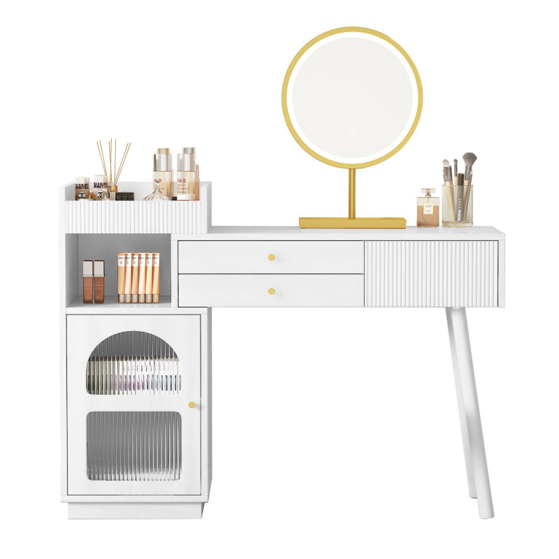 Kosmetiktisch-Set mit LED-Spiegel und 3-Farben-Beleuchtung, Schminktisch aus Holz mit 3 Schubladen und Seitenschrank, ausziehbares Design - Maße: B120/H90/T40 cm (ohne Hocker)