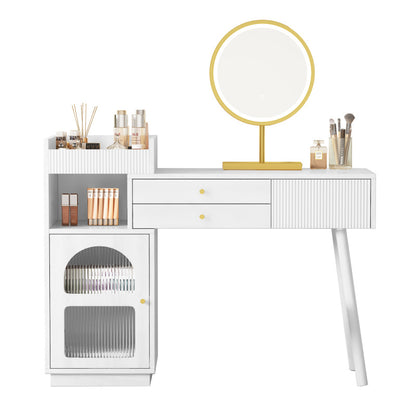 Kosmetiktisch-Set mit LED-Spiegel und 3-Farben-Beleuchtung, Schminktisch aus Holz mit 3 Schubladen und Seitenschrank, ausziehbares Design - Maße: B120/H90/T40 cm (ohne Hocker)