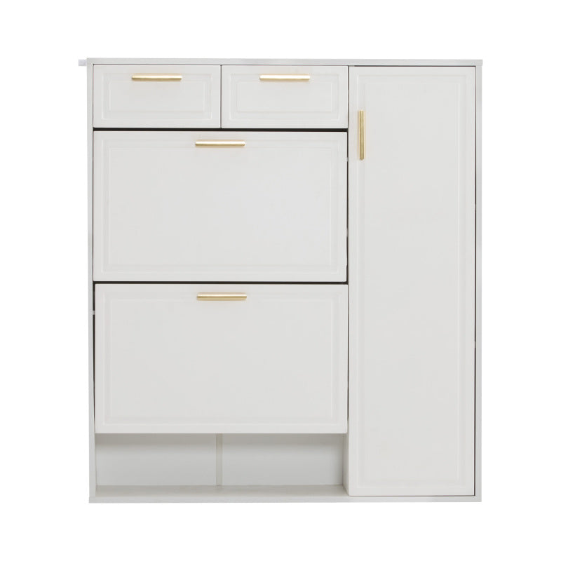 Moderne Schuhschrank, mit verstellbaren Regalen, goldenen Griffen, Schubladen, Klappschuhschrank und Türen,  weiß, B95/D24/H107.5