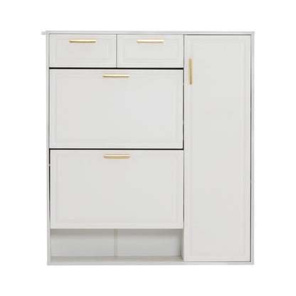 Moderne Schuhschrank, mit verstellbaren Regalen, goldenen Griffen, Schubladen, Klappschuhschrank und Türen,  weiß, B95/D24/H107.5
