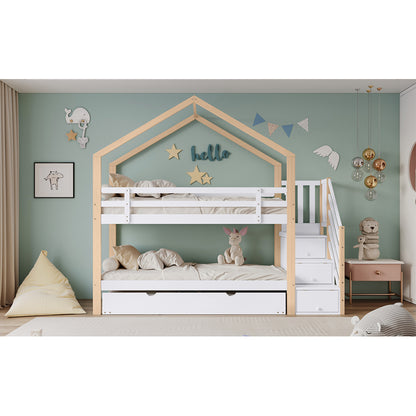 Etagenbett, Ausziehbares Baumhausbett, Schiebebett, Treppe mit 3 Schubladen, Kinderbett mit Absturzsicherung und Kinderbettgitter, mit Lattenroste, Natur+Weiß (90x200cm&90x190cm) [30813567NAA]