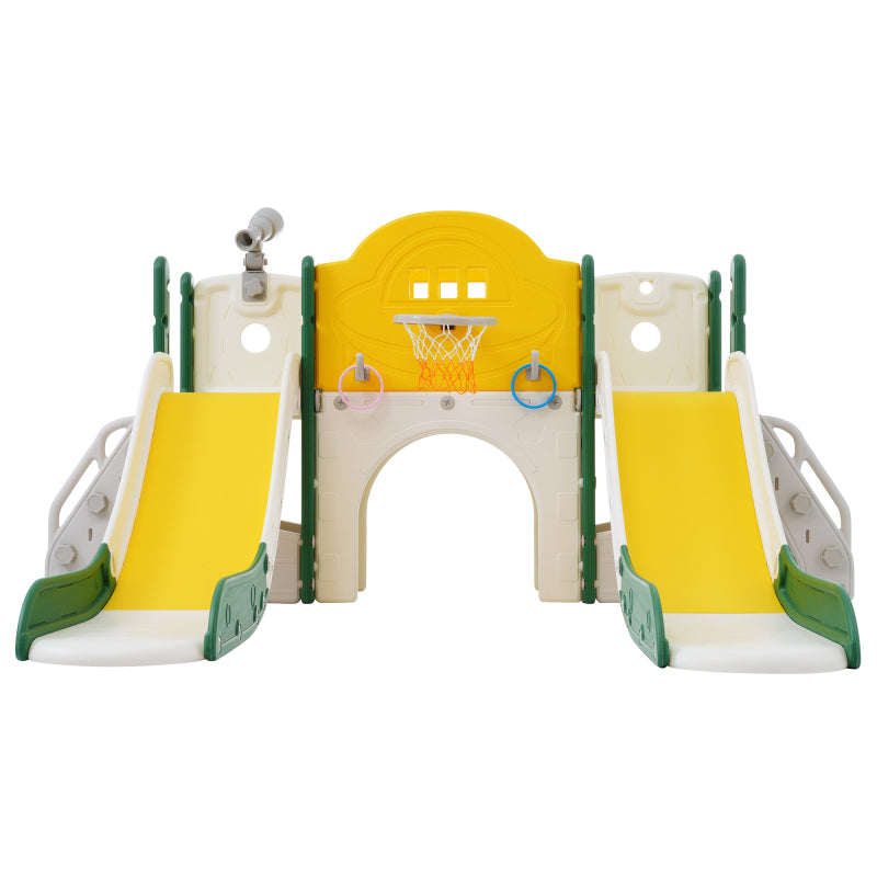 8 in 1 Kinderrutsche Kletterspielzeug, Multifunktionsrutsche mit 2 Rutschen, freistehende Rutsche, Klettern, Bohrspiel, Stauraum, Spielkorridor, Basketballkorb, Lasso-Spiel, Teleskop