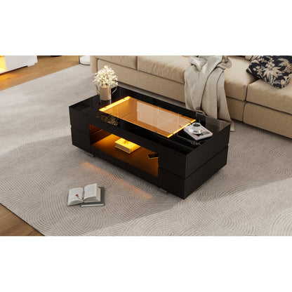 Schwarzer LED-Couchtisch mit Bluetooth-App-Steuerung, doppelschichtiger Hochglanz-Hohldesigntisch, geeignet für Partys, Büros, Wohnzimmer