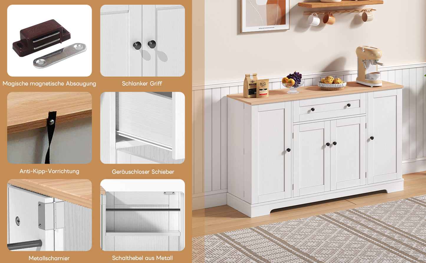 Multifunktionales Küchenbuffet – 138 cm Sideboard mit Schublade, Regaltüren & verstellbaren Einlegeböden – Modernes Design mit Kippschutz, ideal für Küche, Wohnzimmer & Schlafzimmer