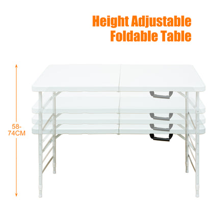 125cm Portable Heavy Duty Folding Table with Handle, Adjustable Height Foldable Table, Multi-Functional Fold up Table for Camping Picnic Parties Indoor/Outdoor, Capacity Weight 135KG (White)
