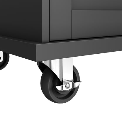 Esszimmerwagen (129 x 46 x 92 cm), moderner und einfacher schwarzer, beweglicher Küchen-Esswagen mit Schubladen und Lagerschränken, hellbraune Holzarbeitsplatte, geeignet für moderne Familien