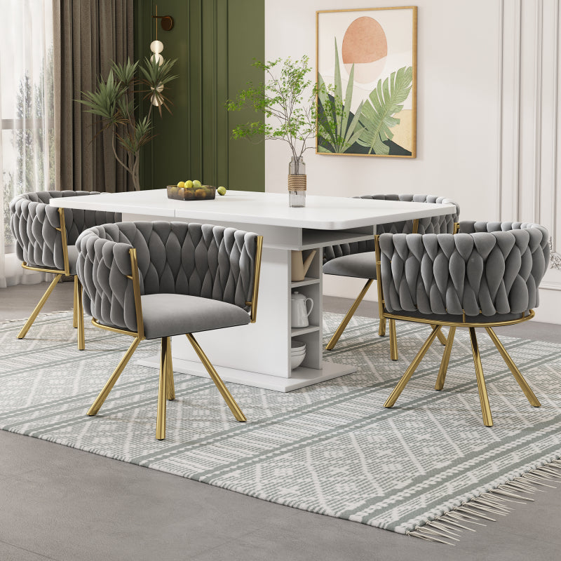 Samt-Esszimmerstuhl, einzelner heller Luxus-Wohnzimmer-Schlafzimmer-Drehstuhl, Freizeit-Drehstuhl mit vier Stützbeinen aus Metall,Grau und Gold