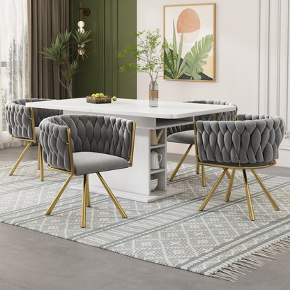 Samt-Esszimmerstuhl, einzelner heller Luxus-Wohnzimmer-Schlafzimmer-Drehstuhl, Freizeit-Drehstuhl mit vier Stützbeinen aus Metall,Grau und Gold