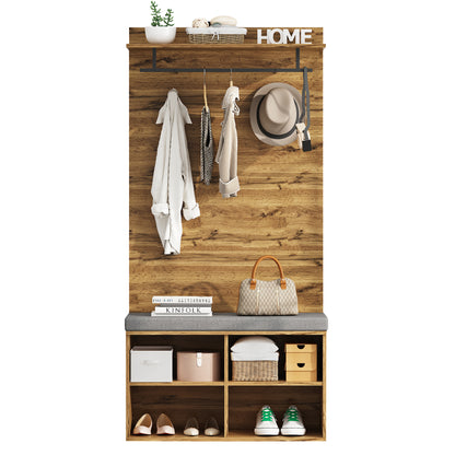 Garderobenset in Holzoptik mit Schuhbank, verstellbarem Regal, Kleiderstange und Polster, Praktische Flurmöbel
