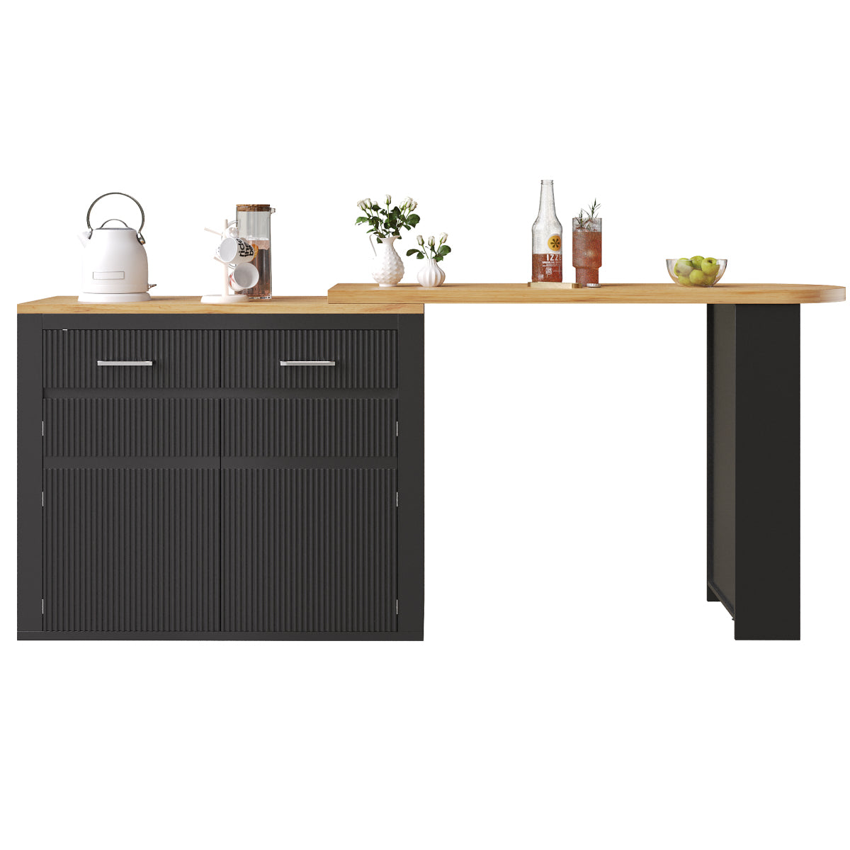 Ausziehbarer Bartisch Schwarz (137-215cm) - Moderner Teleskop-Hochtisch mit Schublade & Regalen - Bewegliche Kücheninsel & Bistro Table