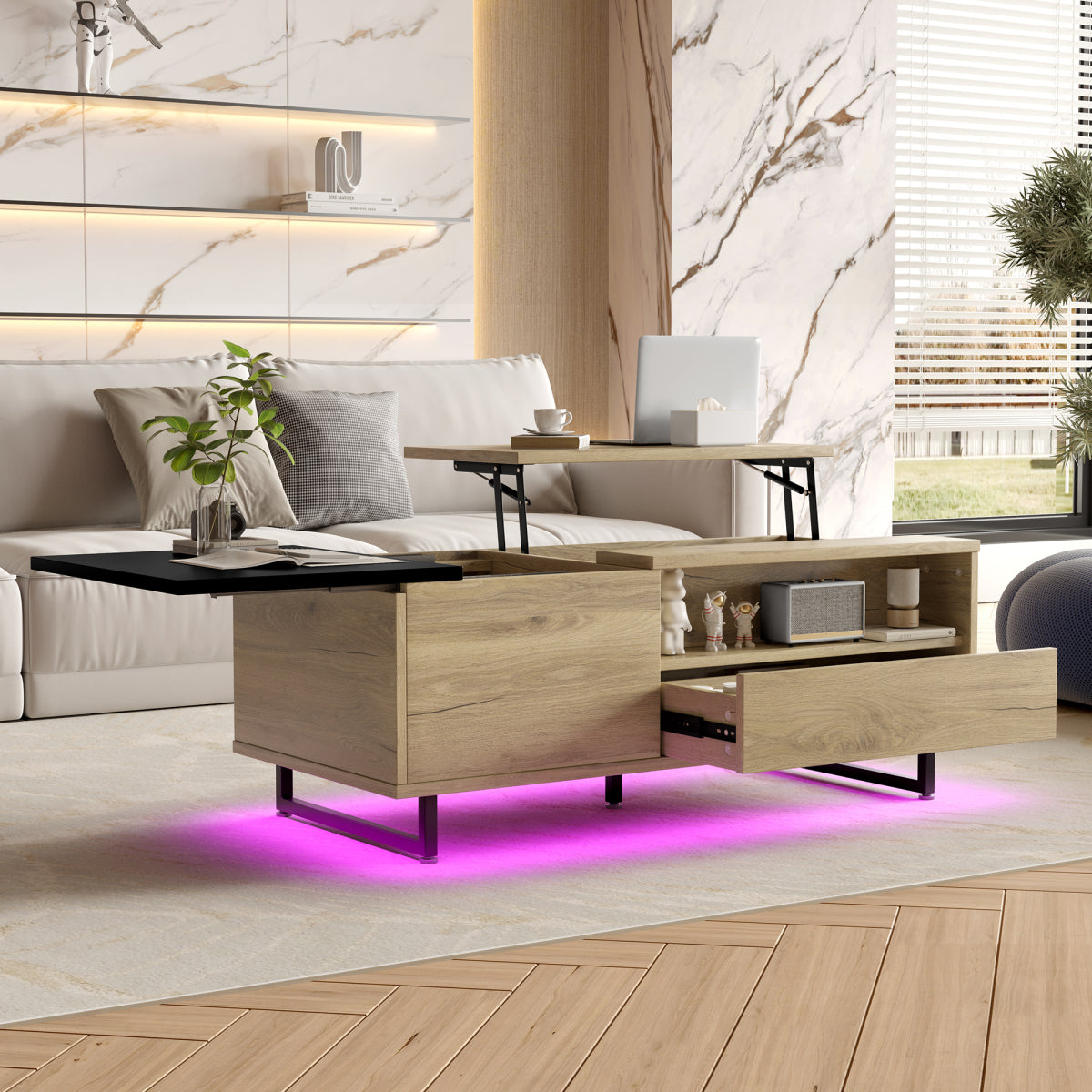 Couchtisch mit LED-Beleuchtung, Tischplatte höhenverstellbar, Holzoptik/Schwarz