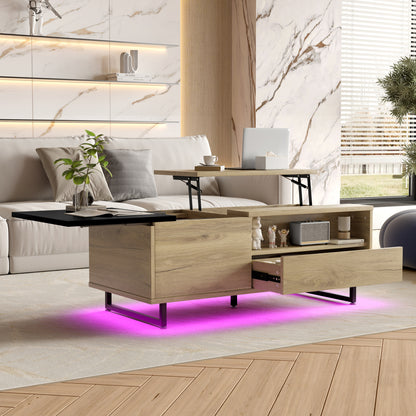 Couchtisch mit LED-Beleuchtung, Tischplatte höhenverstellbar, Holzoptik/Schwarz