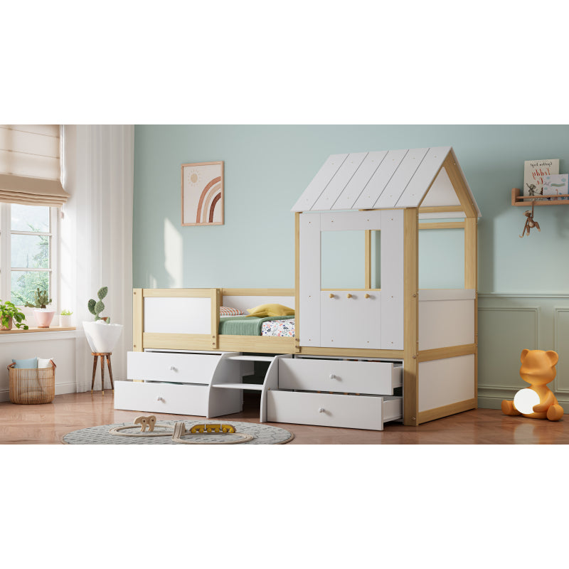 Kinderbett, halbhohes Bett, Hausbett mit Dach und Fenster, Vierseitiger Zaun, mit 4 Schubladen und kleine Treppe, Kiefer+MDF+Sperrholz, Weiß+Natur, 90x200cm