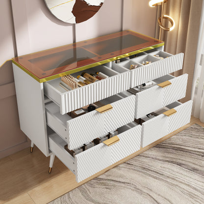 Kommode Sideboard aus Bernstein Glas, Kommode mit 6 Schubladen,Facheinteilung, kippsicher, Hochschrank für Schlafzimmer und alle Wohnräume, 120 x 40 x 76 cm, weiß