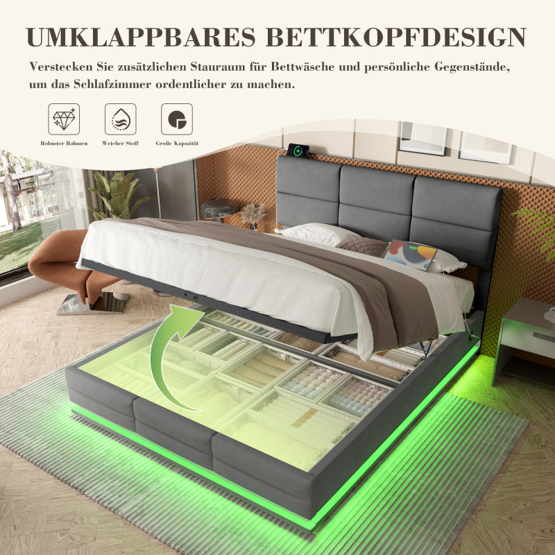 180x200 cm Modernes Velours-Polsterbett mit höhenverstellbarem Kopfteil - Inkl. USB/Type-C-Anschlüssen, LED-Ambientebeleuchtung, hydraulischem Lift-System & XXL-Stauraum (ohne Matratze) - Grau