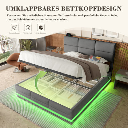 180x200 cm Modernes Velours-Polsterbett mit höhenverstellbarem Kopfteil - Inkl. USB/Type-C-Anschlüssen, LED-Ambientebeleuchtung, hydraulischem Lift-System & XXL-Stauraum (ohne Matratze) - Grau