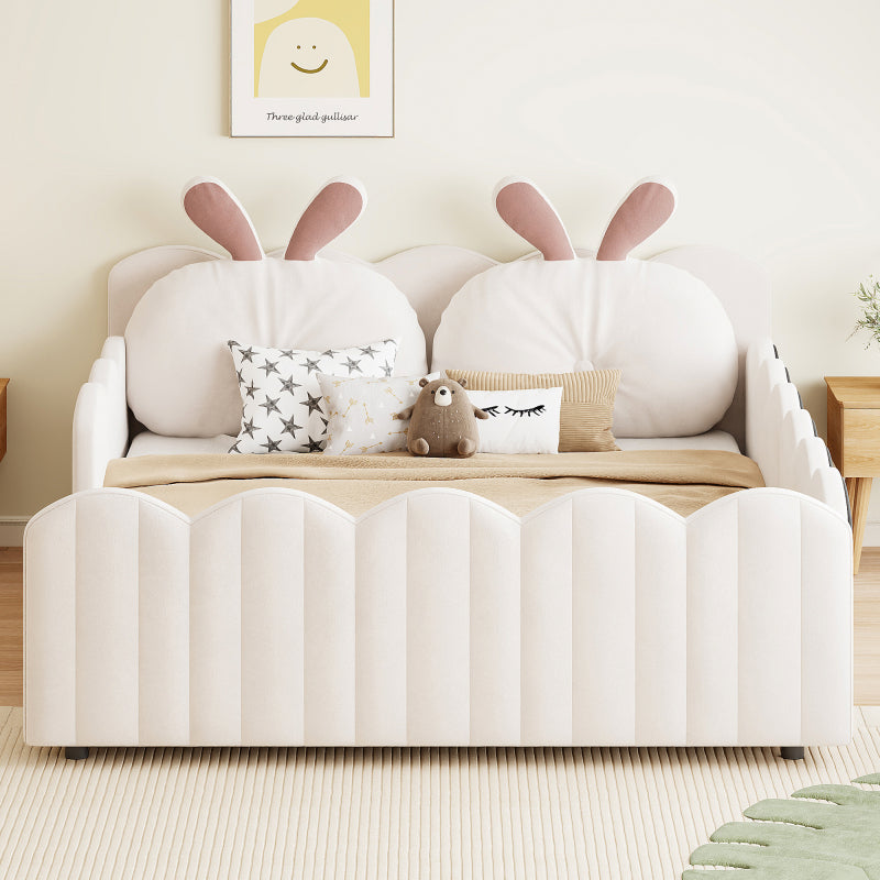 140x200 Gepolstertes Plattformbett mit Kissen in Kaninchenform, Beige