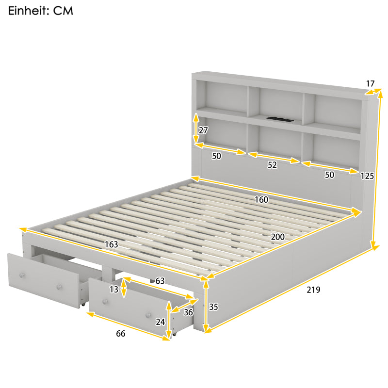160*200cm Doppelbett, Kingsize-Plattformbett mit zwei Schubladen am Fußende des Bettes, Kopfteil mit Stauraum, Grau