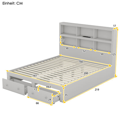 160*200cm Doppelbett, Kingsize-Plattformbett mit zwei Schubladen am Fußende des Bettes, Kopfteil mit Stauraum, Grau