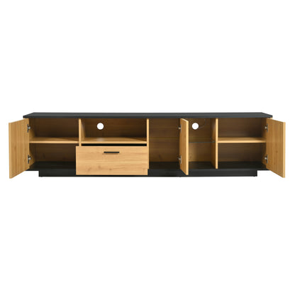TV-Schrank mit einer Schublade, drei Türen, zwei offene Fächer mit Glas TV-Möbel, TV-Board, TV-Lowboard Feinstruktur. Schwarze und natürliche Holzfarben. 15 variable LED-Leuchten.