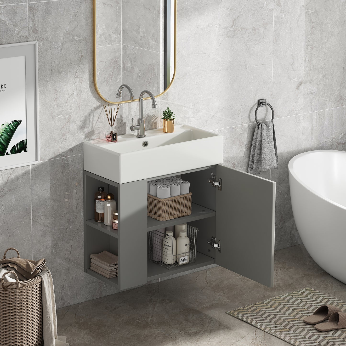 Waschbecken mit Waschtischunterschrank, Waschtischunterschrank , Waschtischunterschrank hängend hellgrau , Kleine Gästebad Möbel