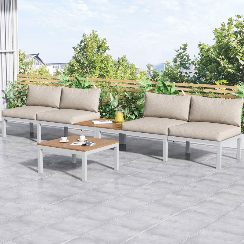 Garten-Loungesessel-Set, Gestell aus verzinktem Stahl, (2x Zweisitzer, 2x Beistelltische, 1x Tisch), Akazienholzplatte, Stoffbezug zur Bespannung der Rückenlehne, beige(previous sku:HW00005AAW)