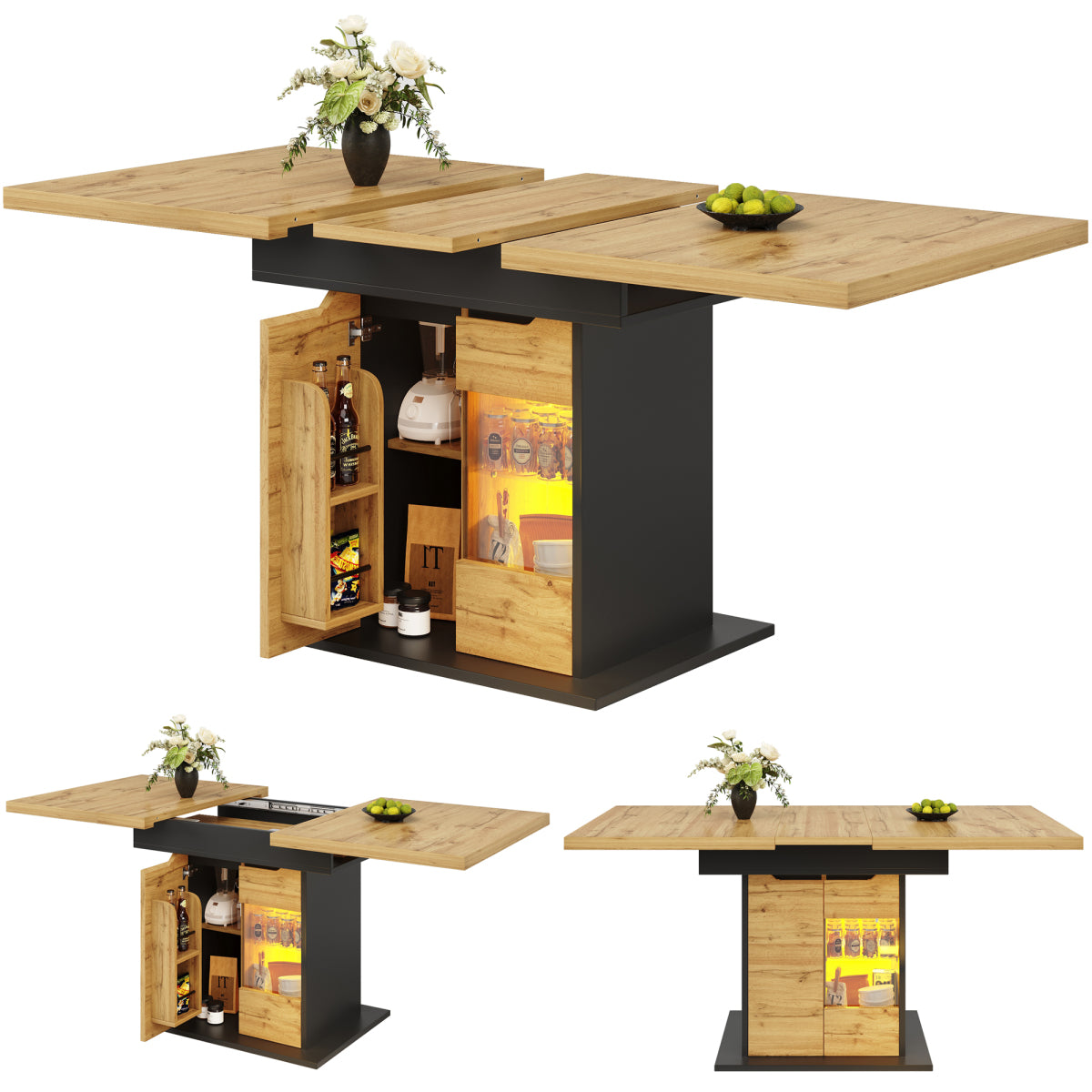 Ausziehbarer Esstisch 110-140x80cm mit LED-App-Steuerung & USB, Küchentisch Schwarz/Natur mit Glas-Schranktüren & Snackregal