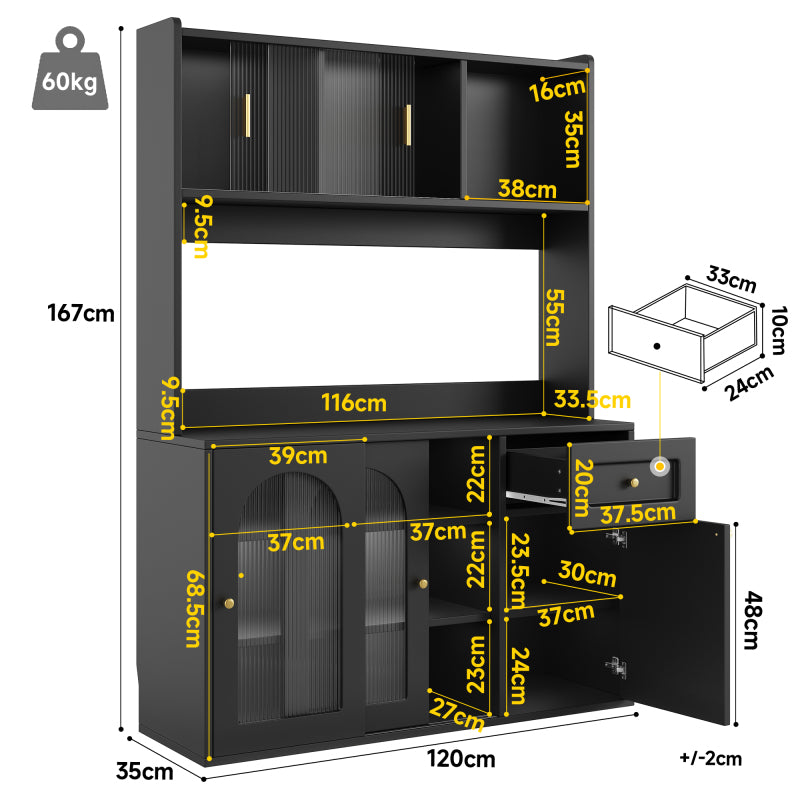 Küchenschrank, Esszimmerschrank, Sideboard mit LED-Beleuchtung, schwarz