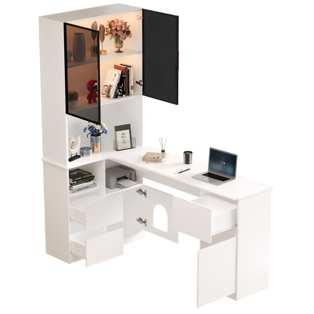 Eckschreibtisch mit Regal 180 cm, Schreibtisch Weiß mit LED-Vitrine (7 Farben), Katzenfach (Haustierfach)