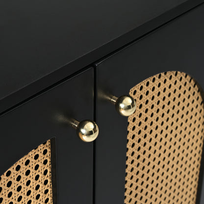 Modernes Sideboard im minimalistischen Stil 4-Rattantür, Metallgriff einfaches Buffetschrank für Esszimmer, Wohnzimmer, Küche (Schwarz)