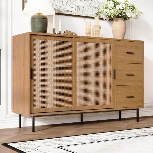 Sideboard 140 cm Natur, Kommode mit Rattan-Schiebetüren