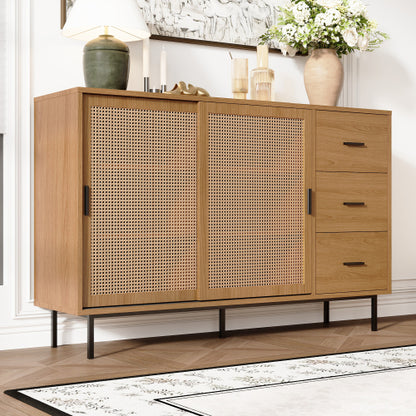 Sideboard 140 cm Natur, Kommode mit Rattan-Schiebetüren