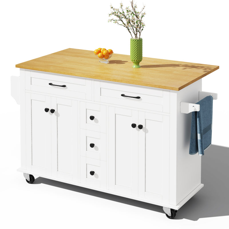 Multifunktionaler Küchenwagen mit ausklappbarer Arbeitsplatte, 120×65 cm erweiterbar, mit 5 Schubladen, Schränken, Gewürz- & Handtuchhalter, auf Rollen – Kücheninsel für Küche, Esszimmer & Wohnzimmer