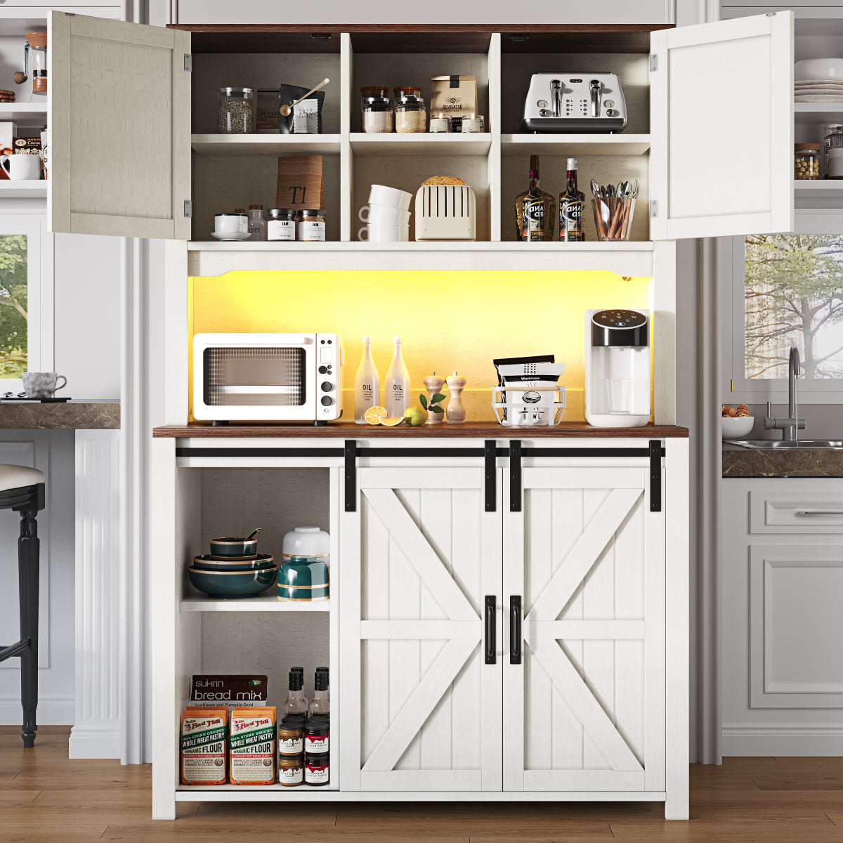 Küchenschrank 115x40x175cm hohes Sideboard Weiß mit App-LED-Beleuchtung, X-Design Schiebetüren, 2 Schubladen & Magnetklappen, Küchenbuffet