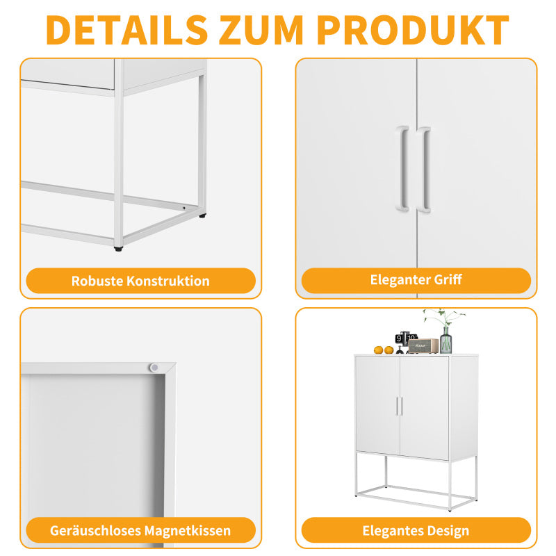 Metall-Sideboard,Lagerschrank– 2 Regale, Freistehender Stahlschrank, Magnettüren, Anti-Kipp-Sicherung, Wohnzimmer, Küche, Büro, Weiß, H 109 cm × B 85 cm × T 40 cm