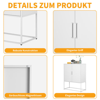 Metall-Sideboard,Lagerschrank– 2 Regale, Freistehender Stahlschrank, Magnettüren, Anti-Kipp-Sicherung, Wohnzimmer, Küche, Büro, Weiß, H 109 cm × B 85 cm × T 40 cm