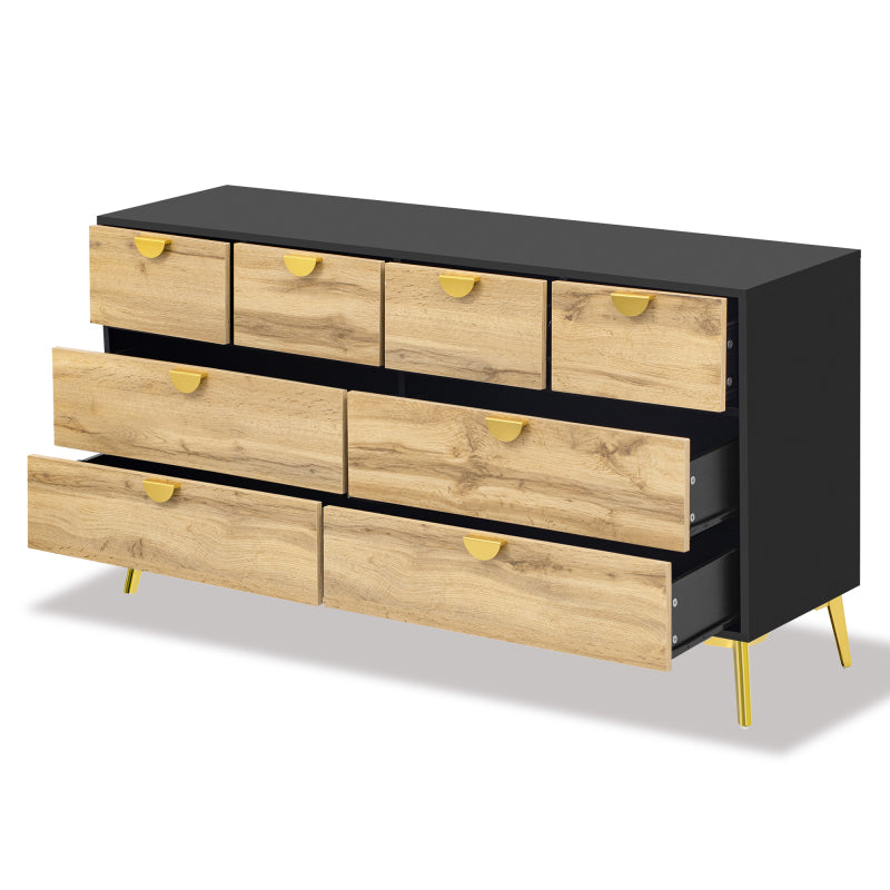 L150*W40*H78cm, Moderne Sideboard mit 8 Schubladen, Schwarz & Holzfarben, Minimalistisches Design, Goldene Metallgriff, Metallfüße, für Wohnzimmer und Esszimmer