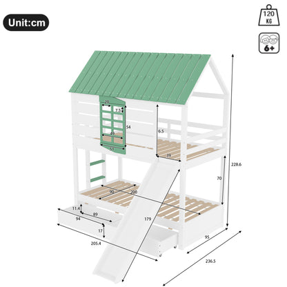 90X200 Haus-Etagenbett mit Rutsche und 2 Schubladen, Weiß+Grün