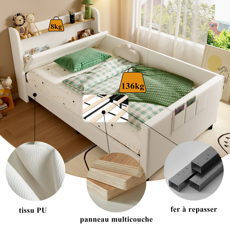Kinder-Spleißbett, Polsterbett, Tagesbett, Schlafsofa mit Metallbettgestell, Kindernachttisch mit unterer Klapptür, 3 kleine Aufbewahrungstaschen, PU+MDF+Sperrholz, Weiß, 90x200cm