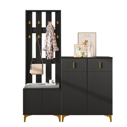 Garderoben-Set mit Schuhschrank & Sitzbank, Wellenfront, Push-to-Open, goldene Haken & Füße, Schwarz