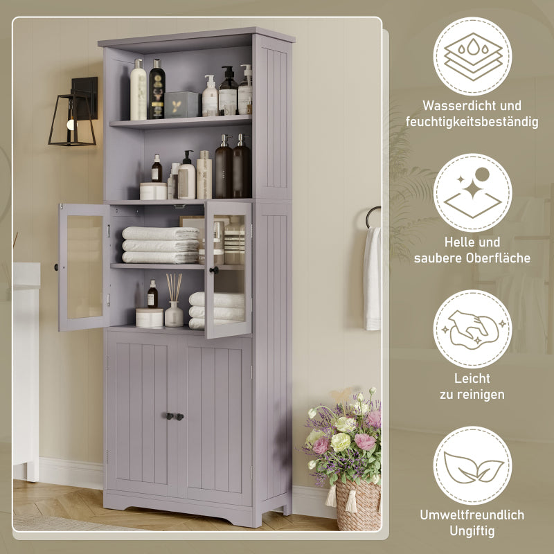 57.5 x 28.5 x 160cm Badezimmer-Hochschrank mit Stauraum, feuchtigkeitsbeständige Farbe, Glasschranktür, Holzschranktür, zwei offene Ablagefächer, verstellbare Trennwände, einfache Textur, Grau