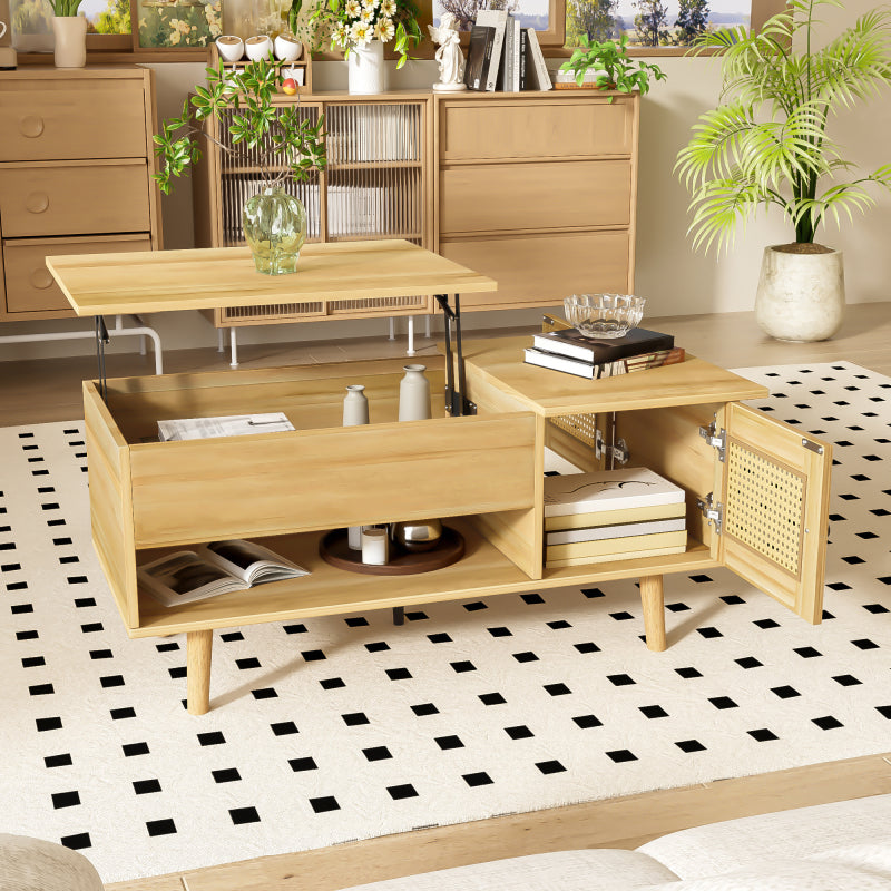 Eleganter Couchtisch mit anhebbarer Tischplatte und Rattan-Türen, Holzfarbe mit schwarzen Akzenten, ideal für das Wohnzimmer – Praktischer Stauraum und funktionales Design