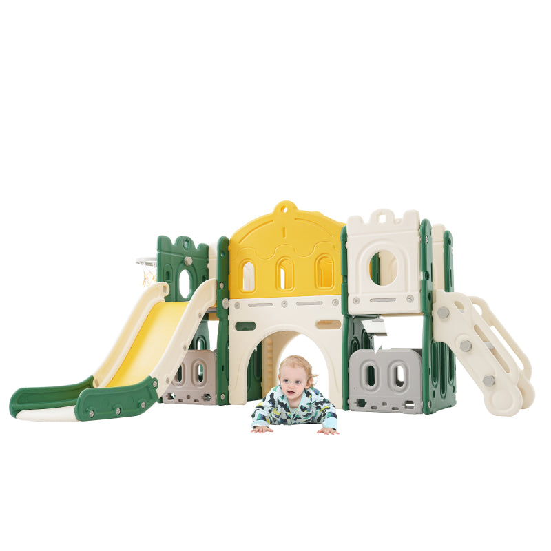 Mein kleines Schloss-Slide Kletterspielzeug für Kinder, 6 in 1 Kinderrutsche, Klettern, Bohrspiel, Stauraum, Spielgang, Basketballrahmen. Hergestellt aus HDPE (Enthält keine Meereskugeln)