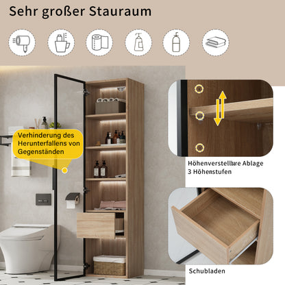 Badezimmerschrank, mittel, mit Lichtleiste, 40 cm breit, mit 1 großen Schubladen und 1 Türen, Glastür
