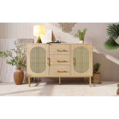 Rattan kommode mit 3-Schubladen und 2-Rattan-Türer,kommode schrank, Schminktisch, für Schlafzimmer und Wohnzimmer, Verstellbare Regale, Kippschutz, 120 x 40 x 74 cm, Sonoma Eiche