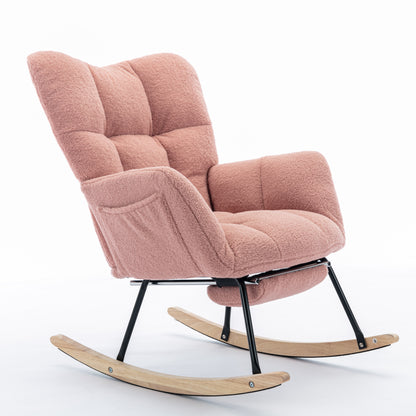 Neuer moderner Schaukelstuhl mit Polsterung und Teddystoff, mit ausziehbarer Fußstütze, Rosa