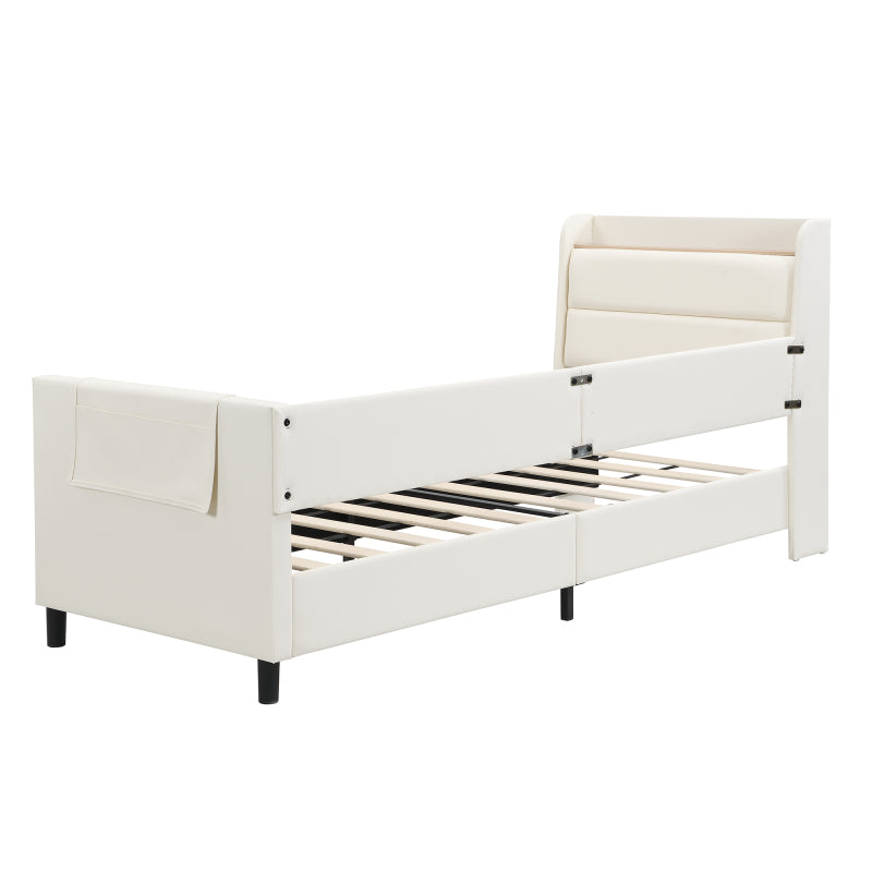 Kinder-Spleißbett, Polsterbett, Tagesbett, Schlafsofa mit Metallbettgestell, Kindernachttisch mit unterer Klapptür, 3 kleine Aufbewahrungstaschen, PU+MDF+Sperrholz, Weiß, 90x200cm